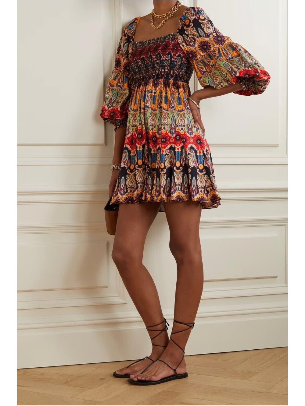Alice + Olivia Paisley Smocked Puff Sleeve Mini Dress SIZE 4